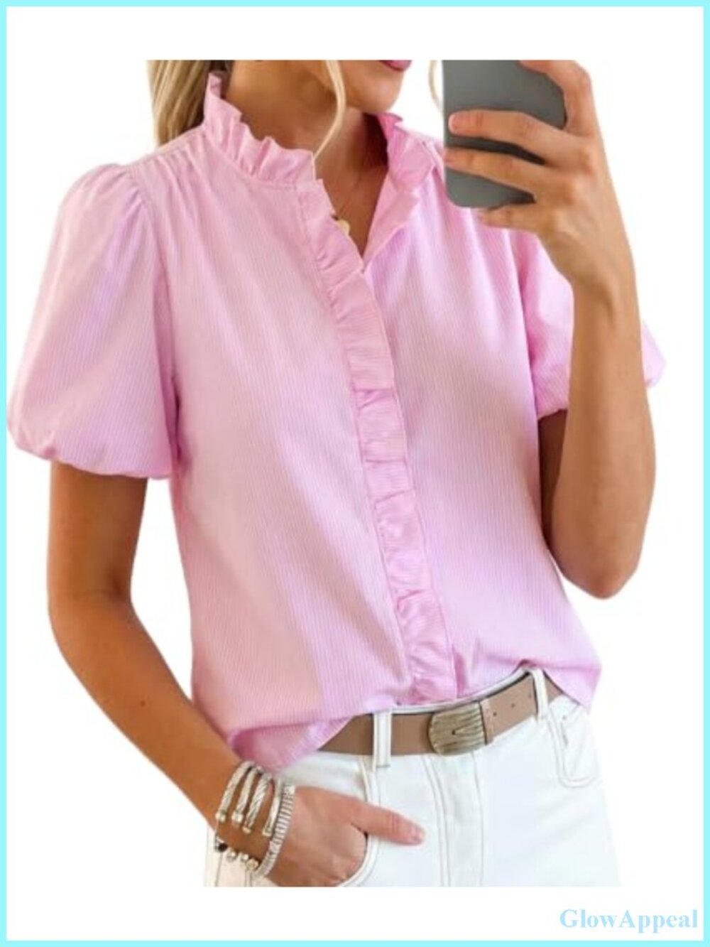 Women's Short Puff Sleeve Button Down Shirt Ruffle Collar Blouse Cotton
